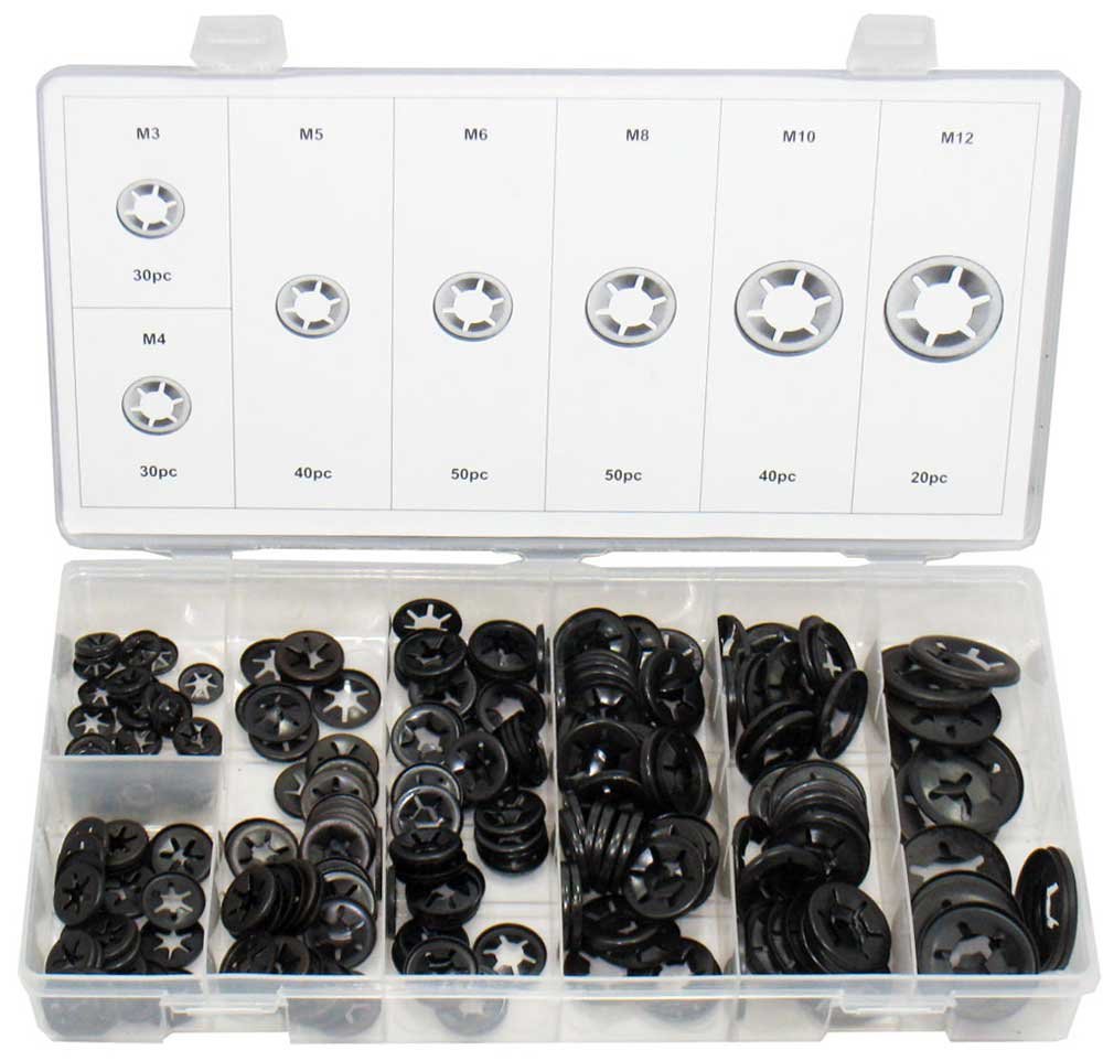 Fusibile dischi/anello di sicurezza Cassetta diverse dimensioni M3 M4 M5 M6 M8 M10 M12 Set di 260 pezzi (im Contenitore/scatola)