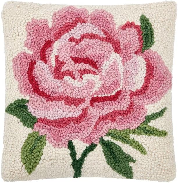 Peking Handicraft Pink Peony Hook Pillow, 10 X 10-Inch, Pink, White