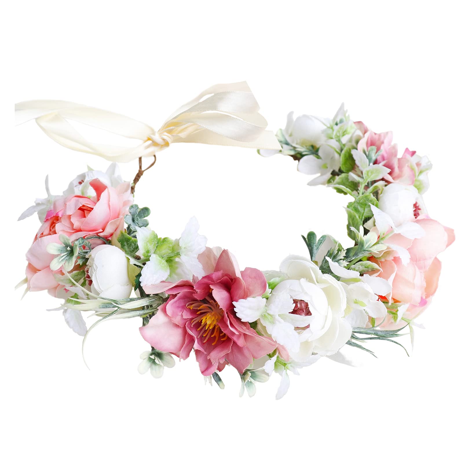 LLinfflr Bridal Flower Headband Women Floral Crown Hair Wreath Flower Headpiece Halo Boho Party Prom Wedding Photos Pink