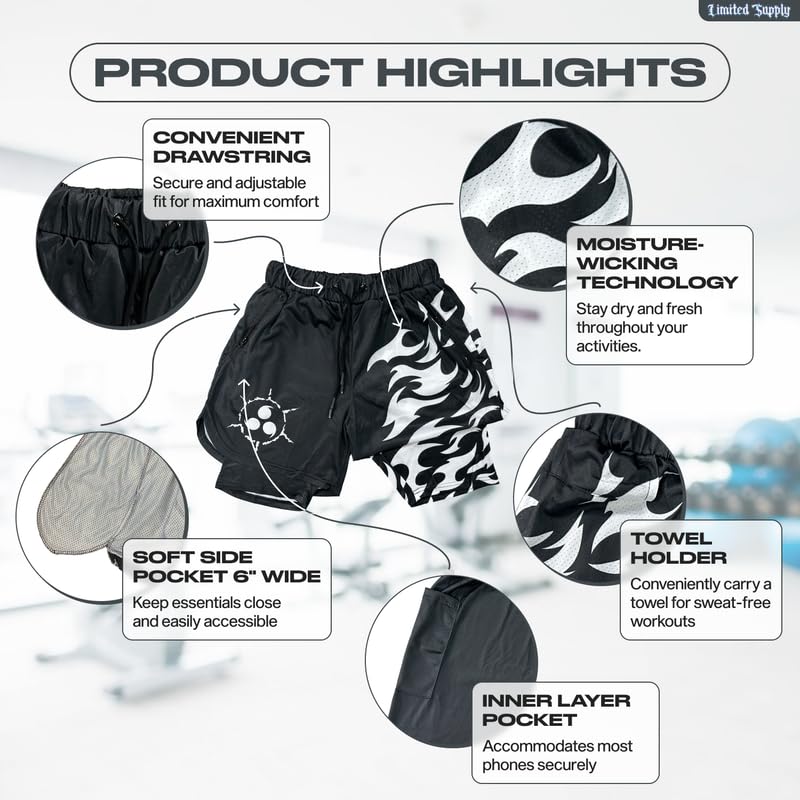 CROWN Anime Shorts - Breathable Stretch Compression Gym Short with Pockets and Towel Holder (M-Blackwcursedmark)3