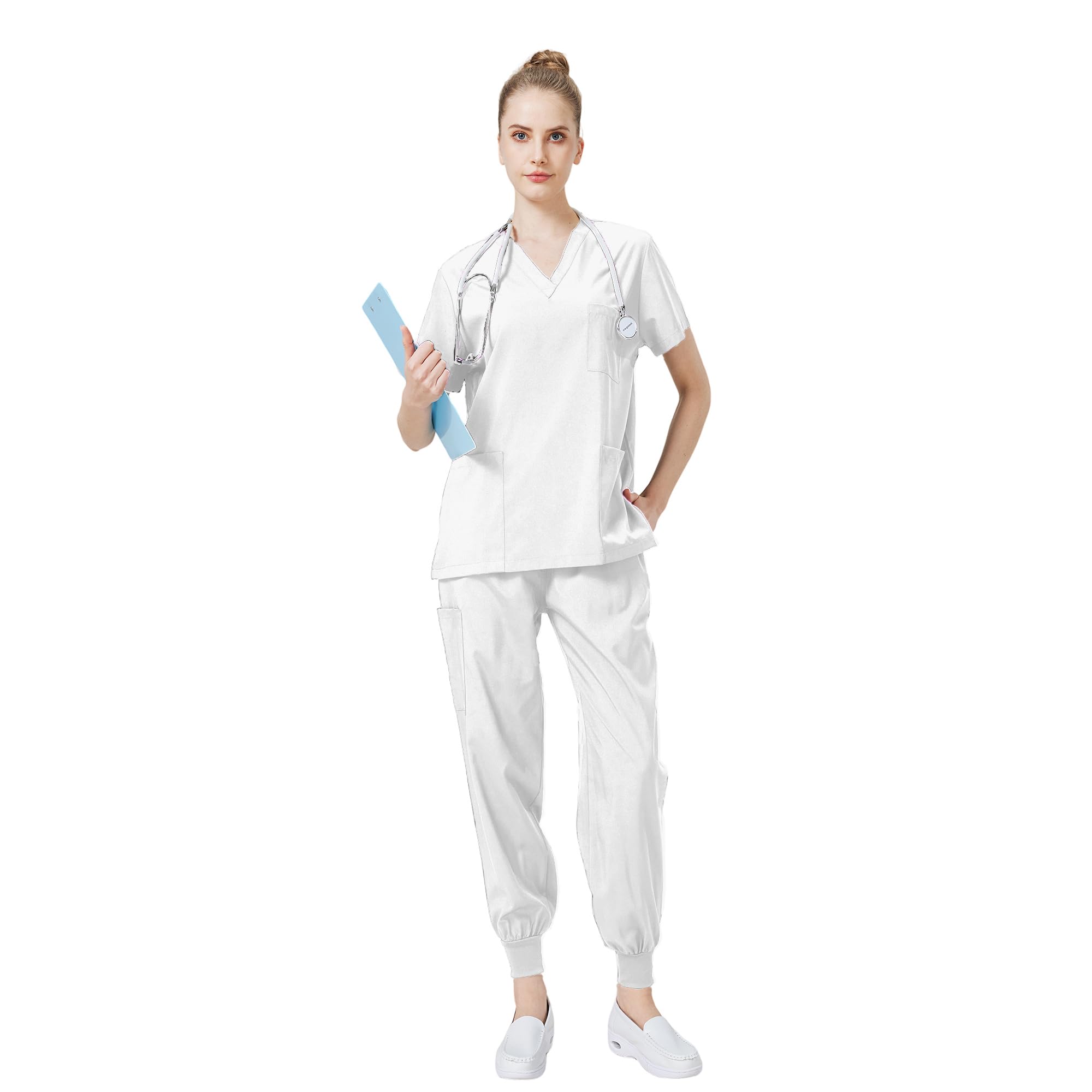 Médico Mono Cuello en V Top Corto con 3 Bolsillos Pantalones Slim Secado Rápido y Tamaños Unisex DK05
