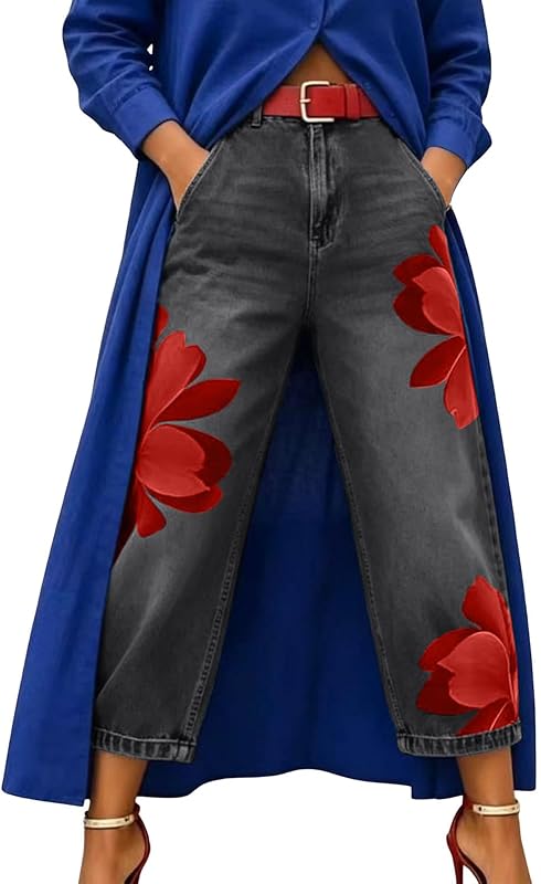 Womens Printed Jeans High Waisted Denim Pants Casual Trousers