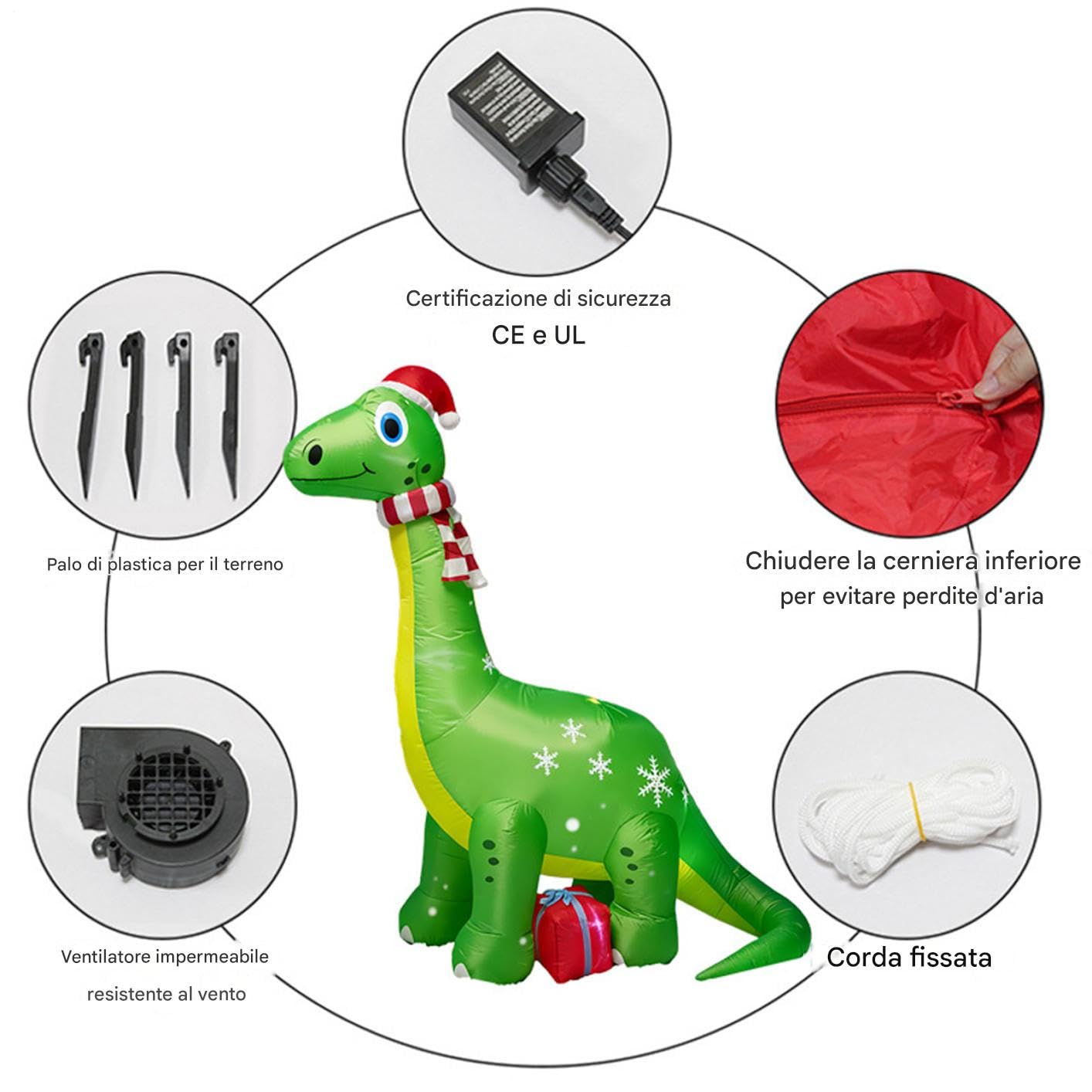 Ogromne Ozdoby Świąteczne 1.8 m Dinozaur z LED Światłami | Nadmuchiwane Ozdoby Świąteczne Dinozaur Na Zewnątrz Do Ogrodu Podwórka Trawnika Tarasu Ganku Drzwi Wejściowych Wnętrza