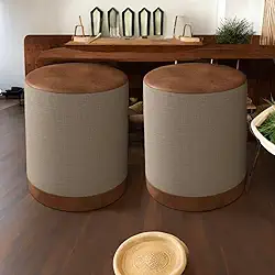 KIT 2 PUFF Closet Penteadeira Banqueta Redonda LINHO BEGE ASSENTO EM COURO CARAMELO 42cm x 34cm.DAKOTA