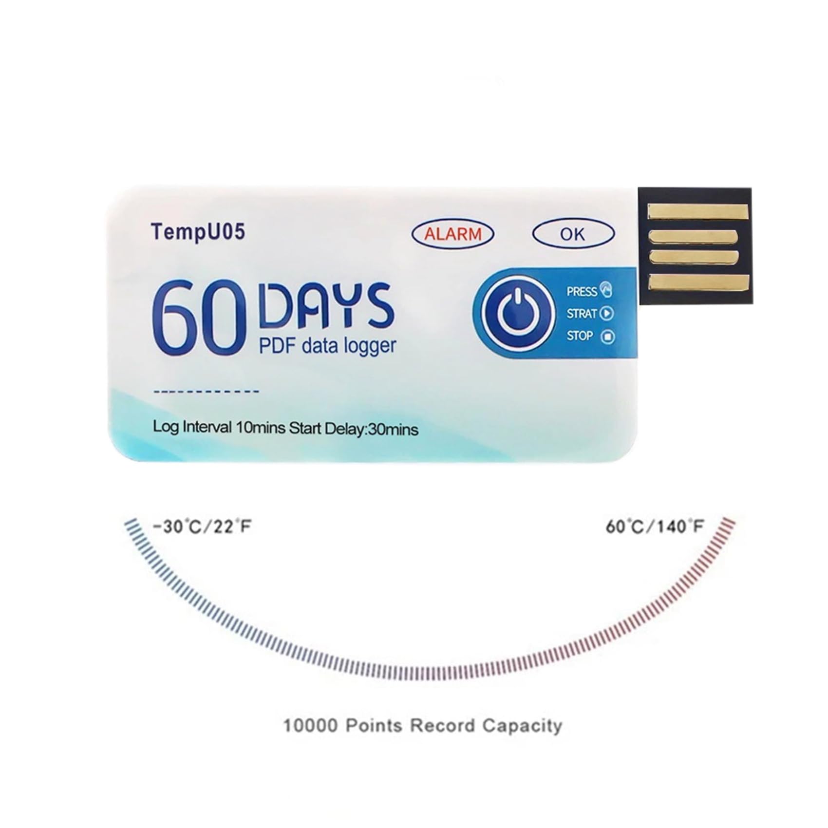 TempU05 - Registrador de datos de temperatura (5 unidades, 60 unidades, PDF, USB)