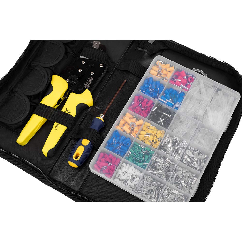 Kit di strumenti per crimpare cavi con ganasce intercambiabili, pinza a cricchetto e 850 terminali isolati 22-10 AWG (0,5-6,0 mm²), borsa per il trasporto organizzata