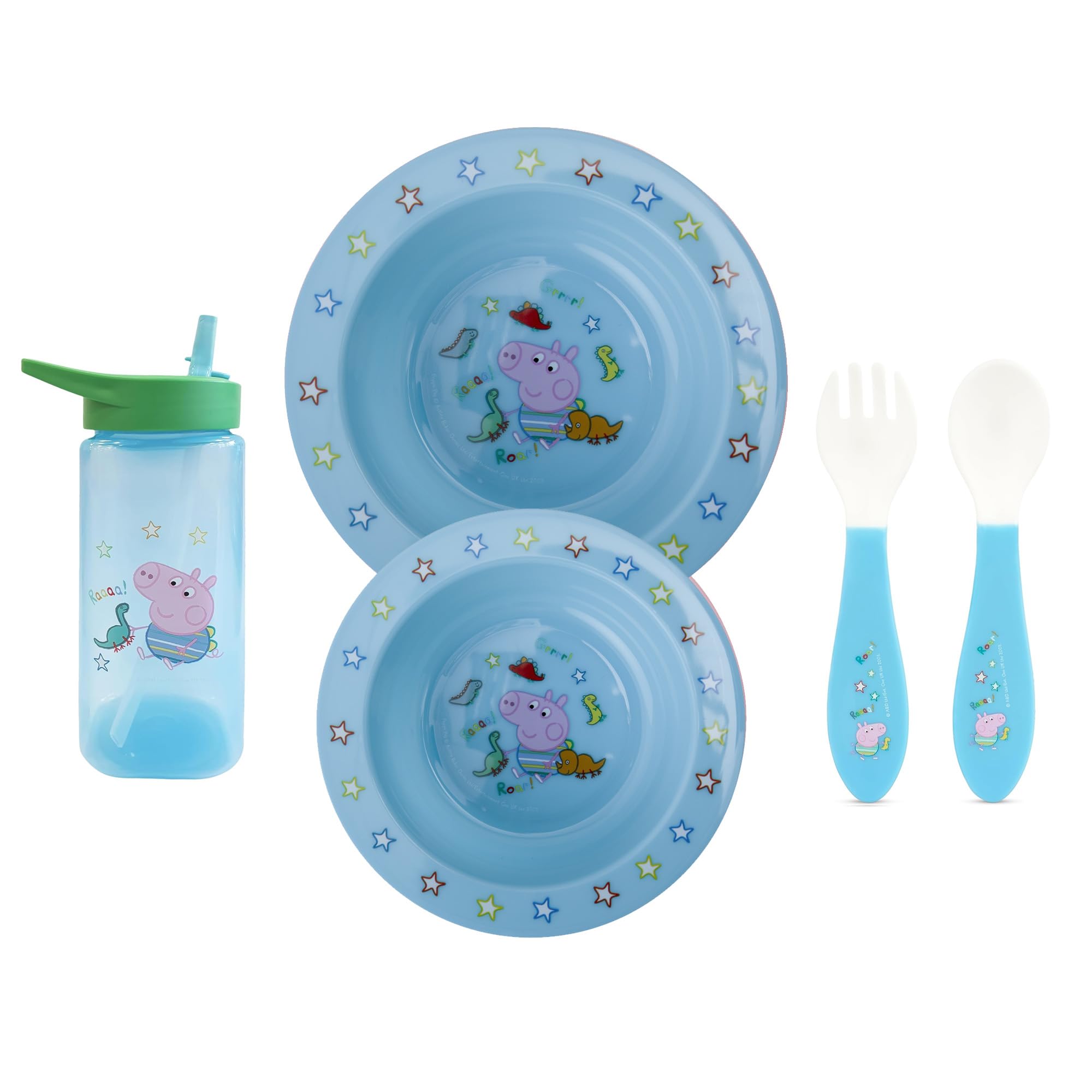 Peppa Pig Toddler Cutlery Set, Square Straw Sipper 420ml, Fork & Spoon, Plate Dinnerware Set, Non-Spill Flip Up Spout Character Set, BPA Free Toddler Cutlery (Full Blue Bundle)