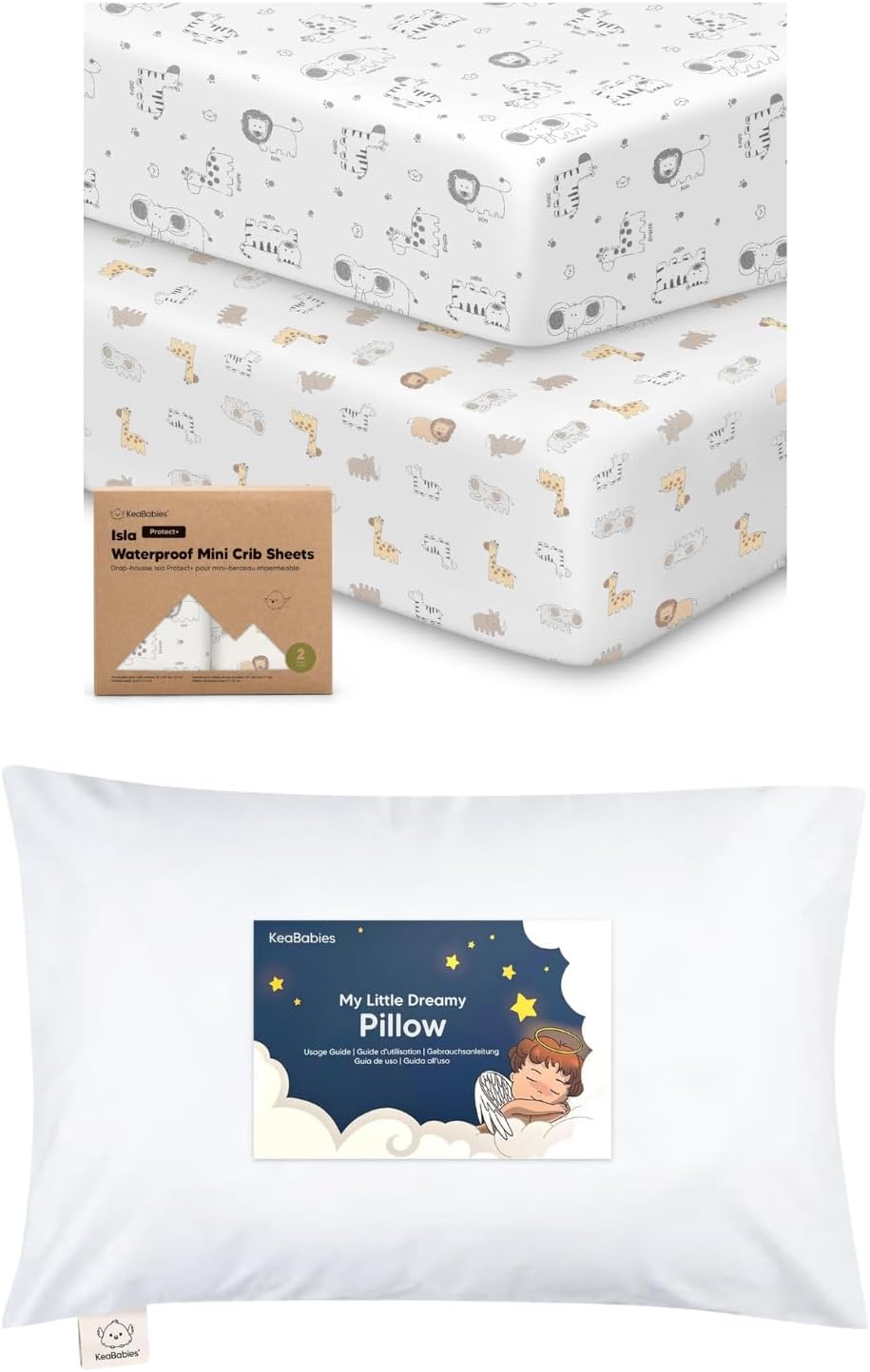 Keababies Waterproof Crib Sheets for Boys, Girls and Toddler Pillow with Pillowcase - 2-Pack Fitted Crib Sheet, Waterproof Crib Mattress Protector - 13X18 Soft Cotton Toddler Pillows for Sleeping