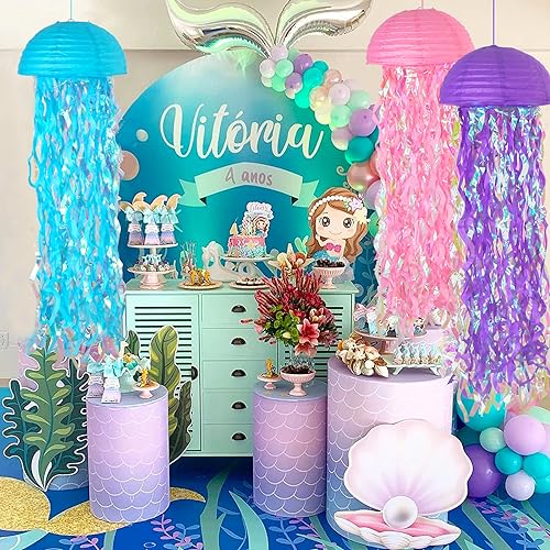 Image of 10 Inch Jellyfish Paper Lanterns 6 Pack, Hanging Decor for Under The Sea Party Decorations, Ocean Themed Birthday Supplies, Mermaid Baby Shower, Nautical Event and Classroom Decor