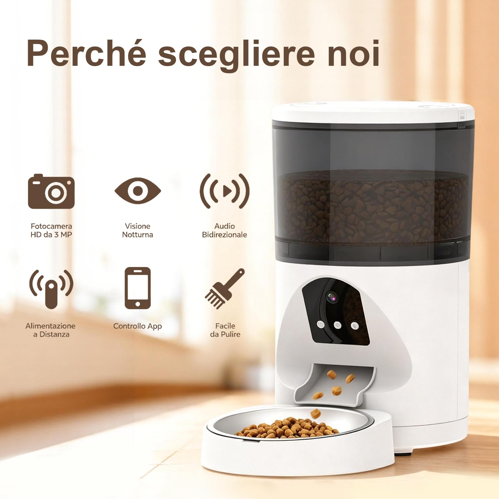 Distributore Automatico Cibo WiFi per Gatti e Cani 6L | 2.4Ghz WiFi, Dispenser Crocchette per Crocchette, 3MP HD Telecamera con Visione Notturna, Audio Bidirezionale, Controllo App