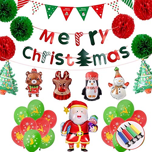 JIOUDI Ballon de Noel,Joyeux Noël Décoration Fournitures, 52pcs Noël Bannières Ballon ,Pennant,Ballon de Noël Ballon en Aluminium Gonflable Père Noël Arbre de Noël Décoration de Noël fête