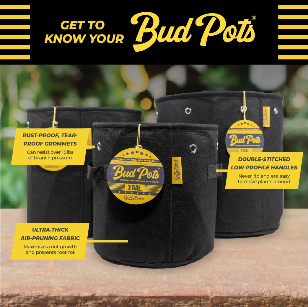 BudTrainer BudPots for Optimal Plant Growth | 3 Gallon Fabric Pots (11.3L) | 4-Pack | Metal Reinforced Rim - Sturdy & Never Collapses | Promotes Dense & Healthy Roots | Low Stress Training | Reusable