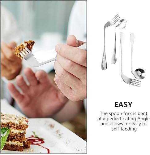 Miniatura 7 de Juego de utensilios adaptativos, cuchara y tenedor curvados de acero inoxidable para ancianos, adultos con temblores, cómodo diseño de mango en