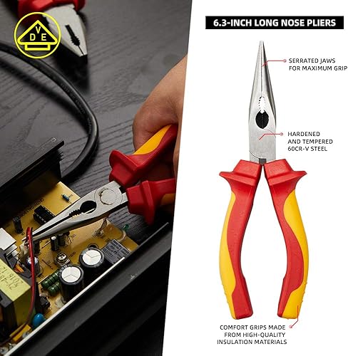 Miniatura 5 de AKM Juego de 4 herramientas aisladas VDE de 1000 V - Juego de alicates con lengüeta y ranura, corte diagonal, nariz larga y alicates Linesman