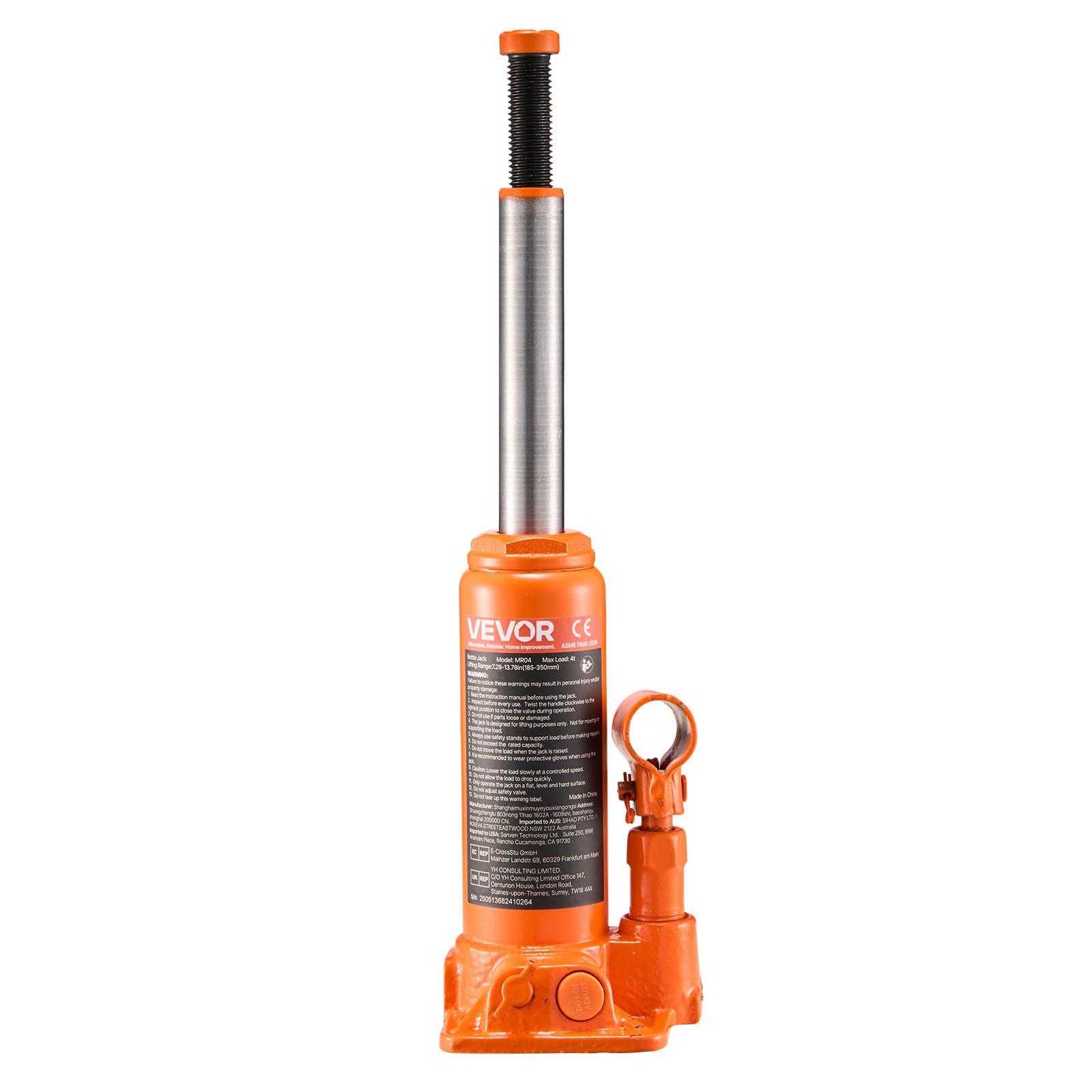 VEVOR Cric Bouteille Hydraulique Grande Capacité 4 T, Cric de Levage pour Voiture Plage de Levage 185-350 mm, pour Entretien Réparation Automobile et Équipement Agricole, Atelier Garage, Orange