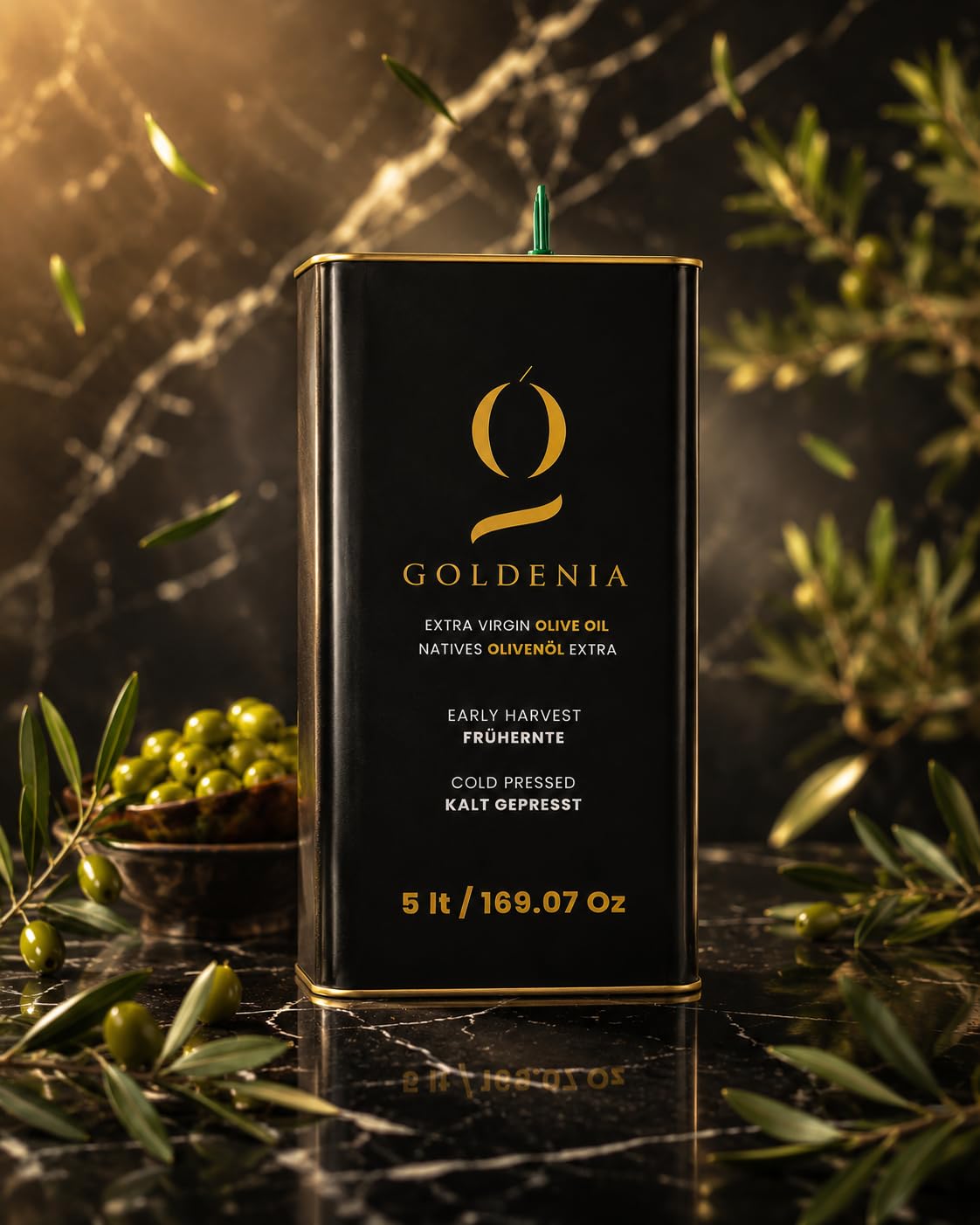 GOLDENIA Premium Natives Olivenöl Extra 5L – Frühernte, Kalt Gepresst, Extra Virgin Olive Oil, Erste Güteklasse, Product of Turkey, Premium Olivenöl im Metallkanister