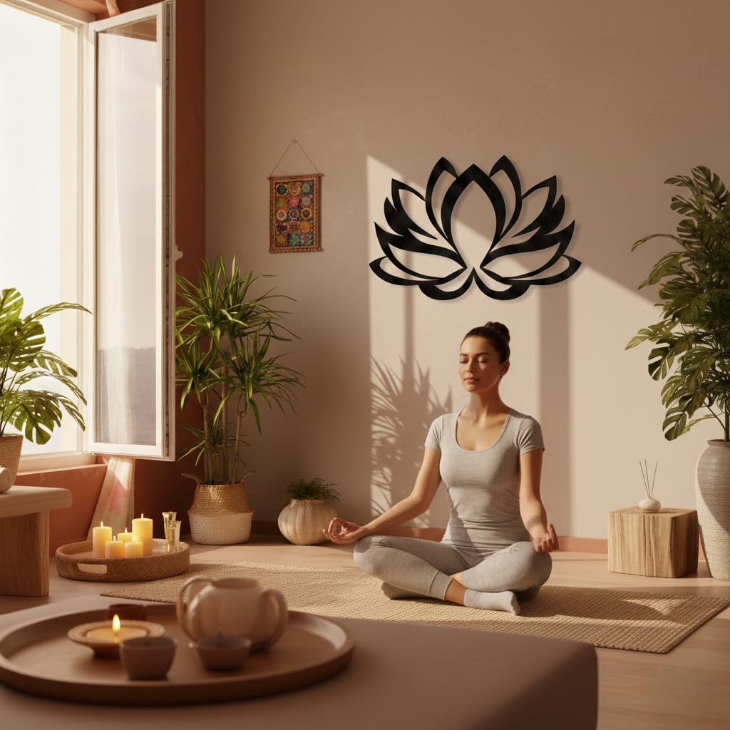 DEKADRON Arte de pared de metal, flor de loto, decoración de pared de metal para el hogar, la oficina, el estudio de yoga, negro