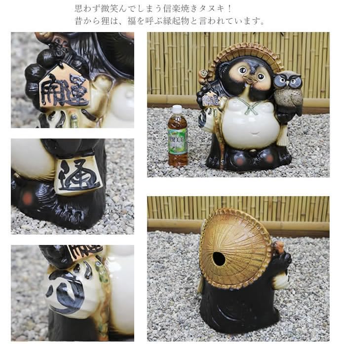 Amazon.co.jp: 信楽焼 13号ふくろう持ち開運狸 たぬき タヌキ 縁起物