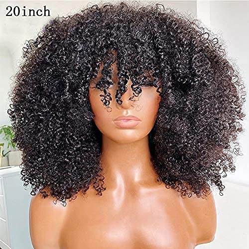 Condition photo showing New/Like New for afro kinky curly wig with bangs full machine made scalp top wig 200 density brazilian short curly human hair wigs natural color 16 inch
