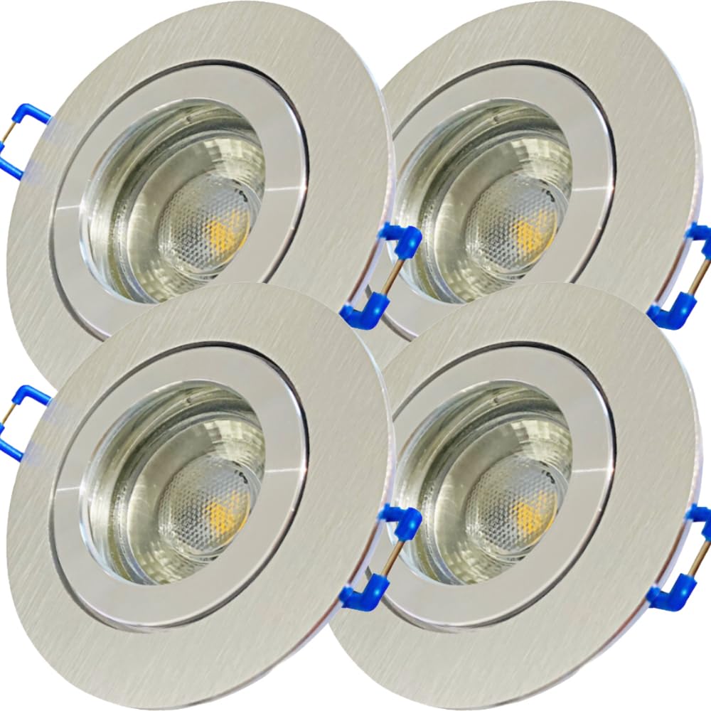 LED Bad Einbaustrahler 230 Volt | 4 x 5 W LED | Farbe ALUMINIUM geb. IP44 LED Einbauleuchte Neptun Rund Neutralweiss Feuchtraum Dusche Innen oder Aussen geeignet Rostfrei LED Austauschbar Schutzglas