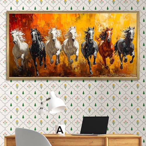 Image of PAPER PLANE DESIGN Seven Running Horses HD Canvas Print Wall Art - Premium Vastu Golden Box Frame With Acrylic - Elegant Home & Office Decor - Size: 2 x 4 Feet. (B)