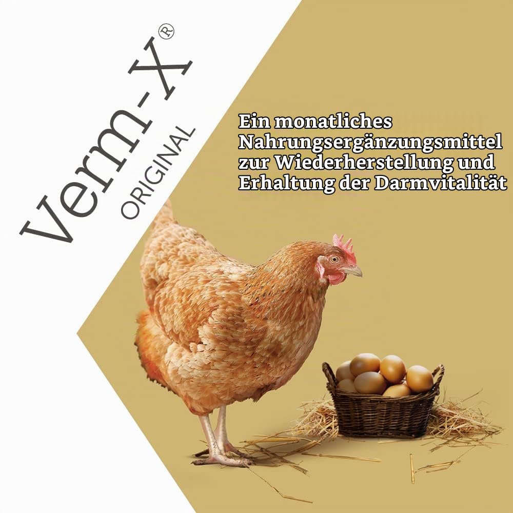 Verm-X Flüssig für Geflügel, 500 ml. Statt chemischer Wurmkur für Hühner, Gänse, Enten, usw. eine natürliche Kontrolle innerer Parasiten mit der bewährten Verm-X Kräuter-Rezeptur.