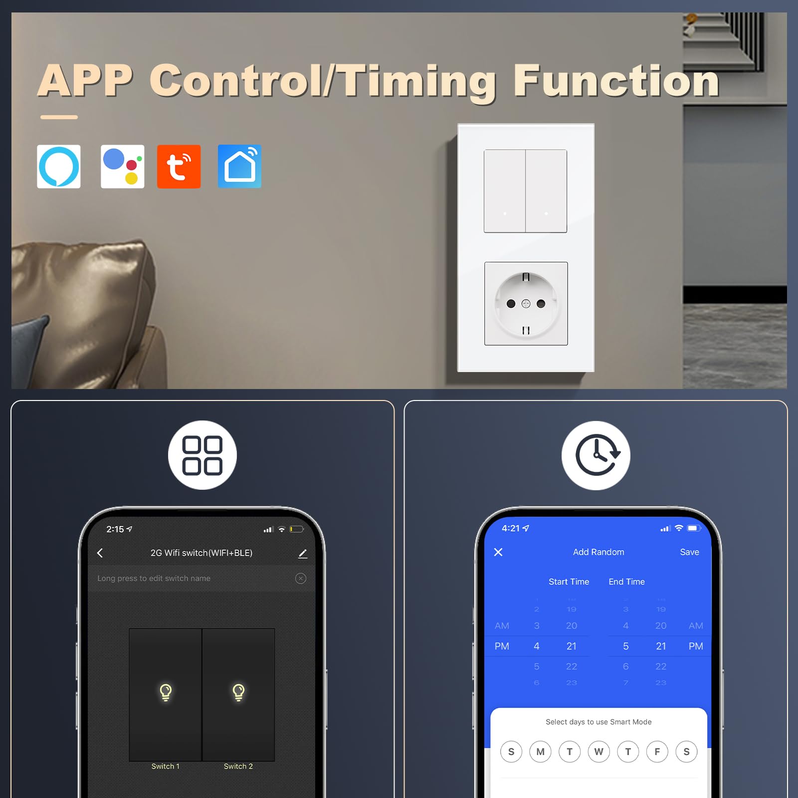 Interruptor Inteligente con Clic,WIFI Interruptores de Luz Con Cristal,Compatible con Alexa/Tuya/Smart Life,Requiere Cable Neutro,2 Gang 1 Vía con Enchufe,157mm Blanco