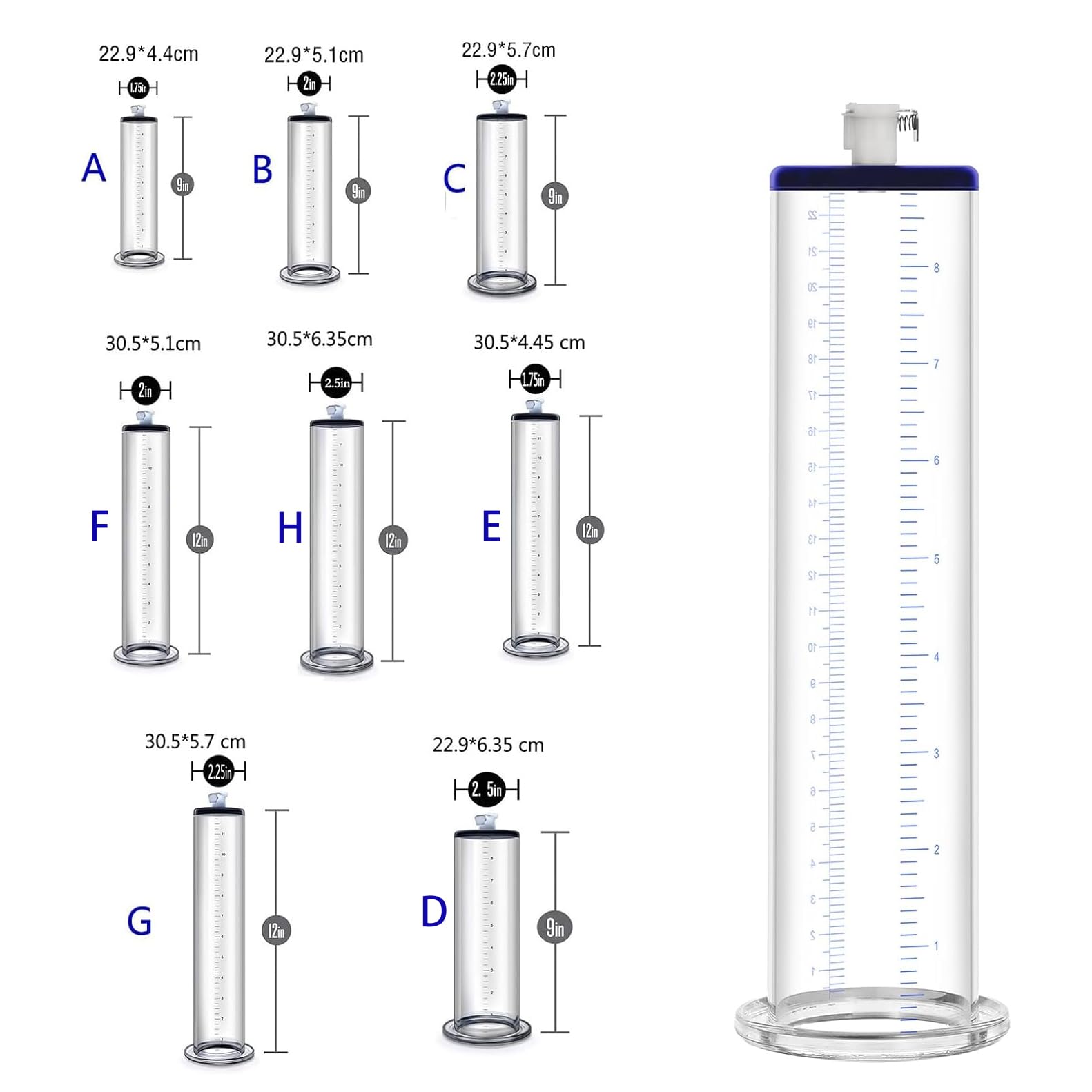 Penispumpenzubehör mit lasergeätzten Abmessungen – Zubehör-Upgrade-Ersatz, Penispumpenzylinder aus Acryl Penis Vakuumpumpe für Penisvergrößerung Penis Erektion(G/12 * 2.25inch)