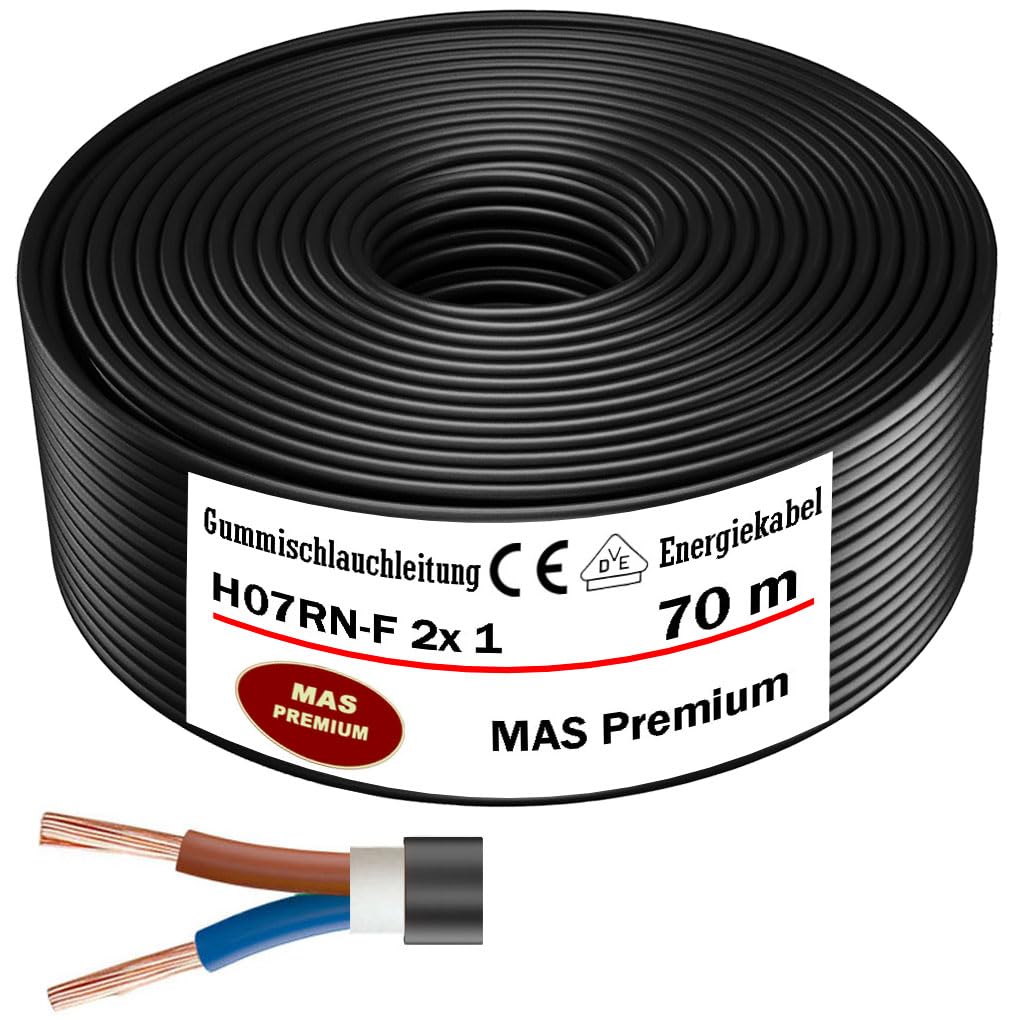 MAS Premium H07RN-F - Cable de manguera de goma (5 – 500 m, cable de alimentación para obras, 1 x 1,5, 4, 6, 10, 16, 25, 35, 50 y 2 x 1, cable flexible para dispositivos pesados (H07RN-F 2 x 1 mm², 70
