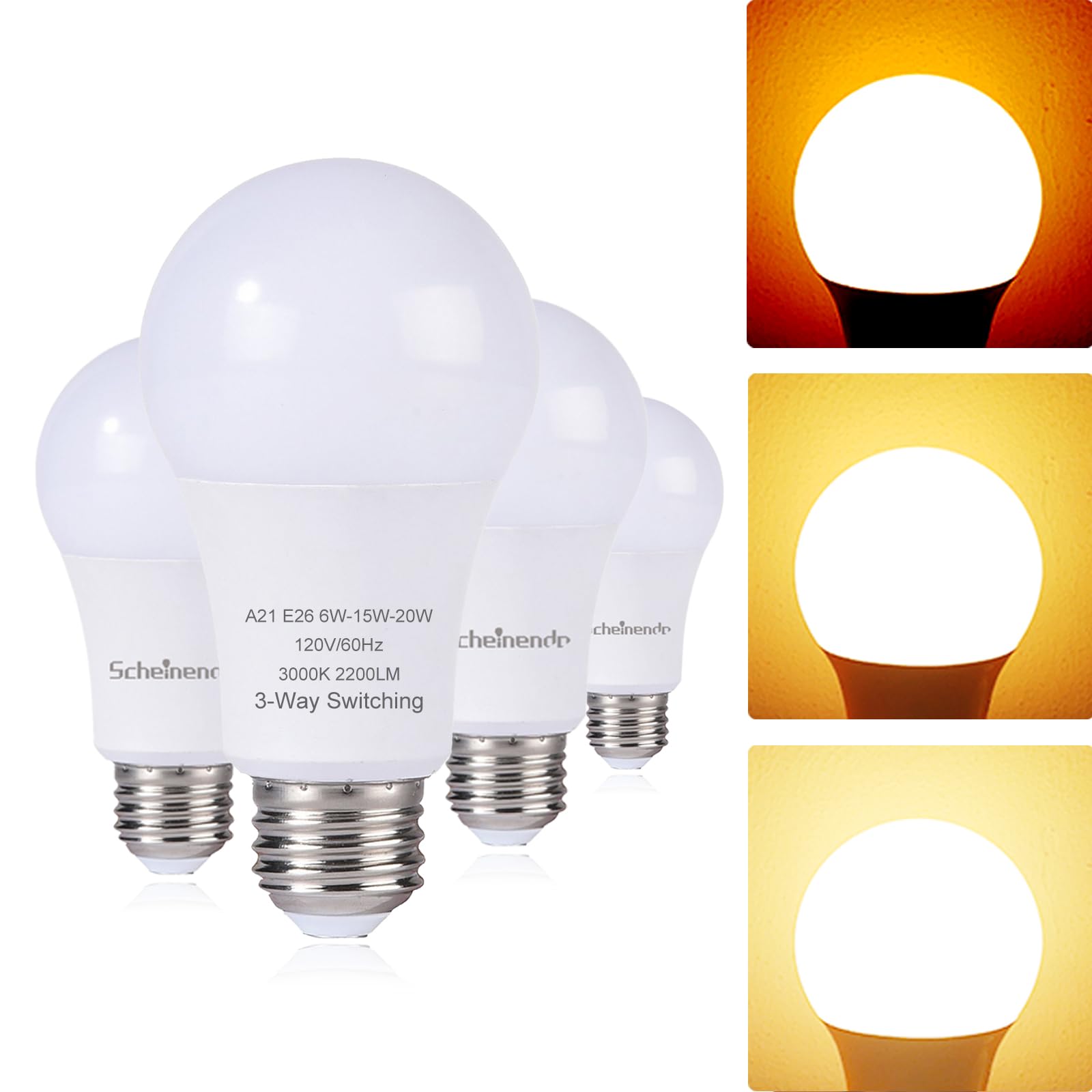 3-Way Led Light Bulbs A21 (4 Pack), 50 100 150 Watt Equivalent, Perfect for Reading, 3000K Warm White, Indoor Standard e 2 6 Bulb, Energy Efficient 20 Watt, 2200 Lumens