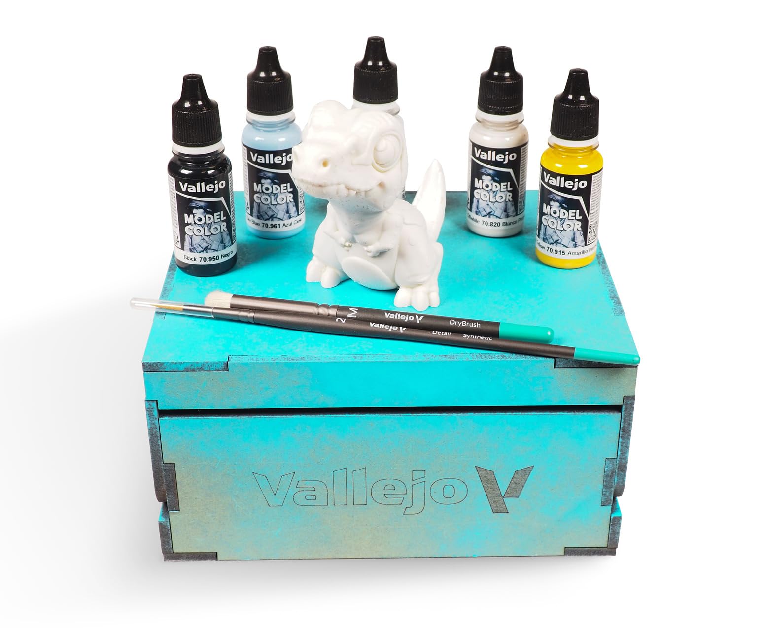 Vallejo Modello Color Set di pittura acrilica Karonkids Velociraptor. Kit Iniziazione con 5 Colori in Bottiglie da 18 ml, Miniatura, 2 Pennelli e Scatola di Legno per Pittura Miniature e Modellismo