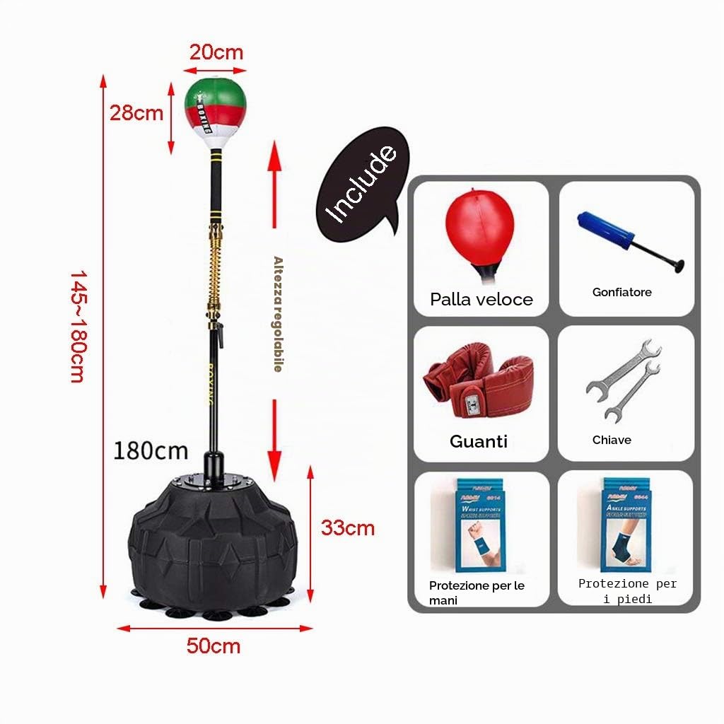 Sacco da boxe con supporto per adulti - Palla reflex Cobra sacco interno rimbalzo 90°, regolazione altezza 145~180cm