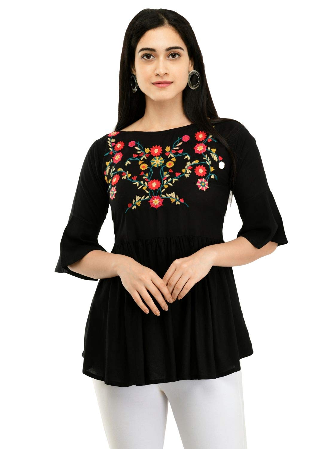 SaakaaWomen's Rayon Black Embroidery Casual Top