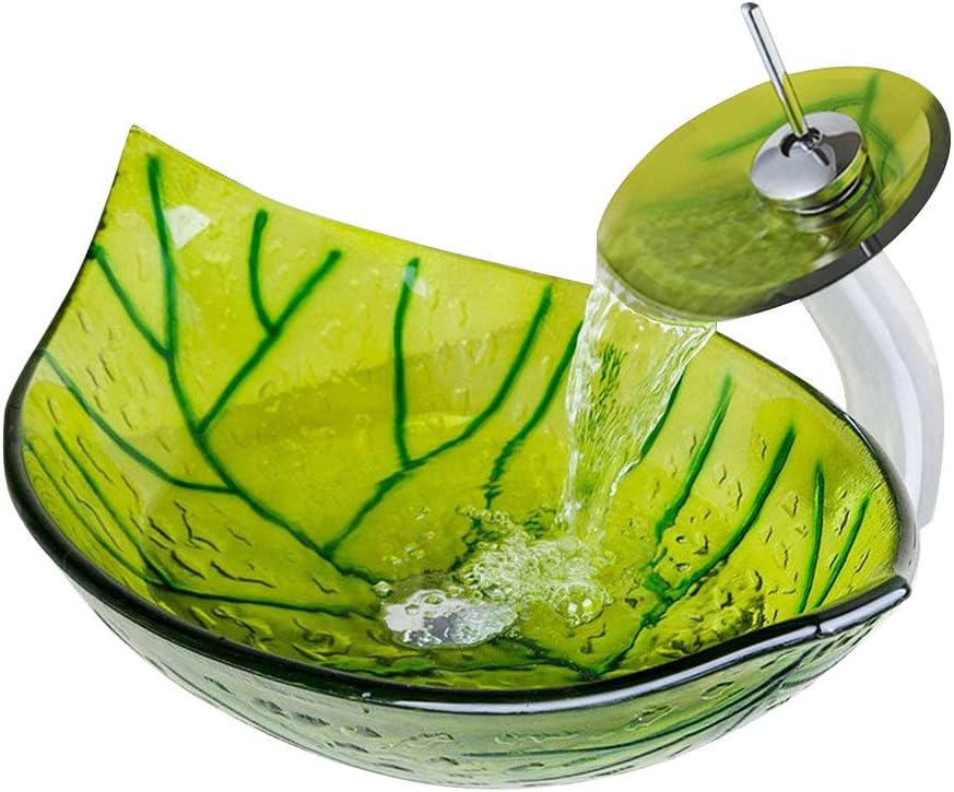 Vessel Sink Leaf Shape Tempered Glass Washing Basin Bowl Waterfall Chrome Faucet Mixer Tap Pop Up Drain Deck Mounted Set