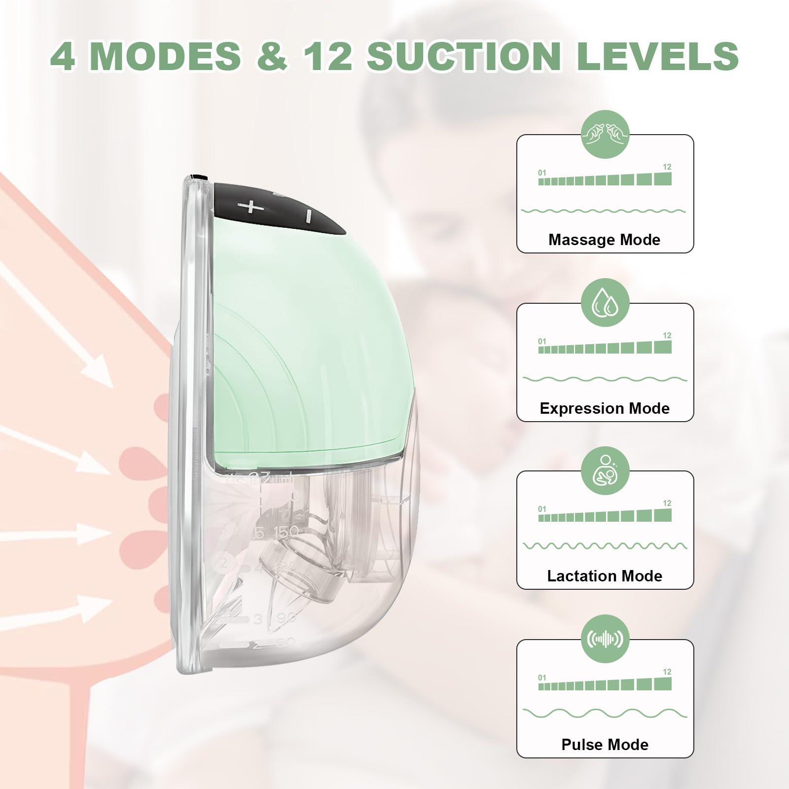 TOPCHANCES Electric Breast Pump,Wearable Hands Free Electric Pump,4 Modes 12 Levels,Portable Lightweight Pump 17/19/21/24mm Flange,Leak-Proof and Ultra-Quiet,BPA Free(Touchscreen,Green,2PCS) - Image 2