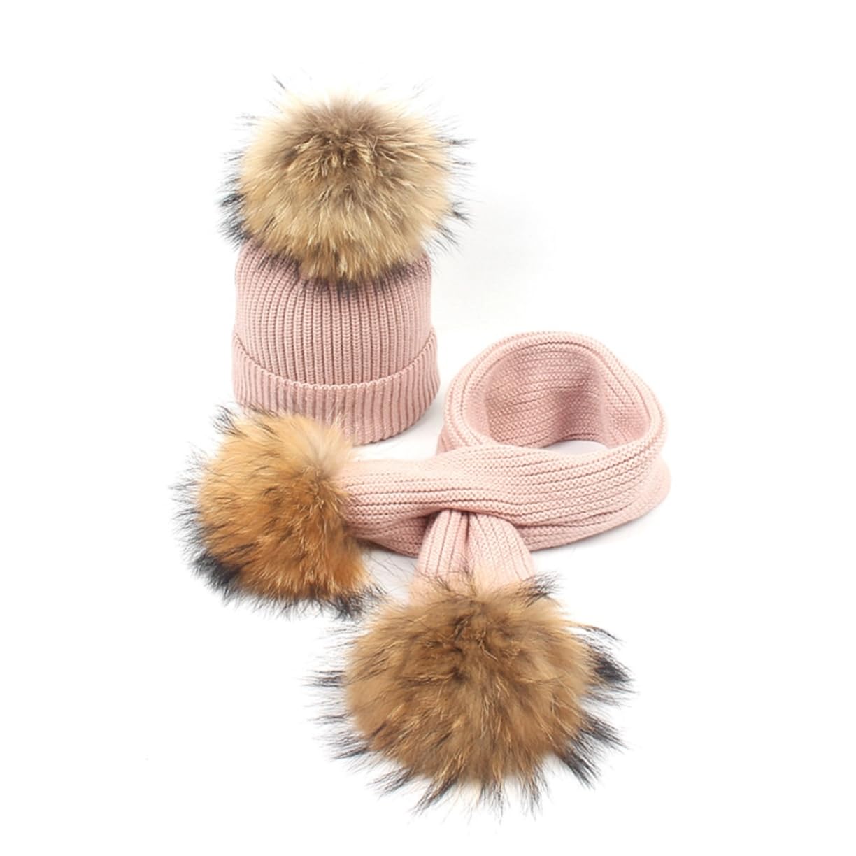 Cappello e Sciarpa Invernale Pompon per Ragazzo Ragazza, Set 2pezzi in Lana Rosa per Ragazze e Ragazzi, per Autunno e Inverno