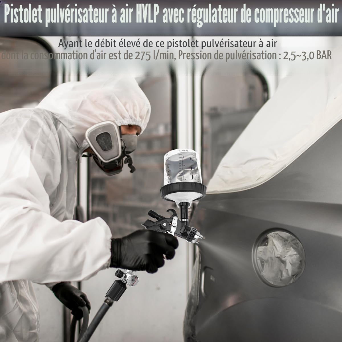 HVLP Pistolet Pulvérisateur de Peinture avec Buses de 1,4/1,7/2,0/2,5 mm et Régulateur d'air, Kit de Pistolet de Pulvérisation de Voiture avec Godet de 600 ML et Autres Accessoires de Pulvérisation