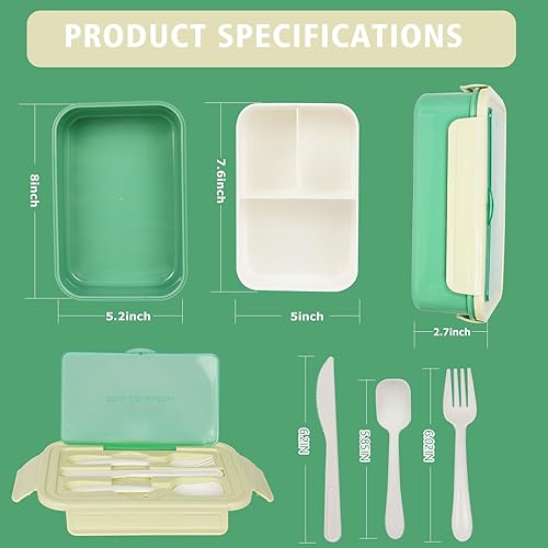 Miniatura 6 de Lonchera Bento para adultos, caja Bento de 47 onzas para niños, lonchera para adultos de 3 compartimentos, a prueba de fugas, con cuchara y tenedor,