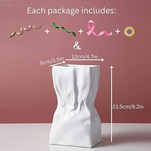 Miniatura 5 de Florero de bolsa de papel arrugado de cerámica, jarrón genial para ramo de flores de Lego, florero ancho para flores, florero grande, florero