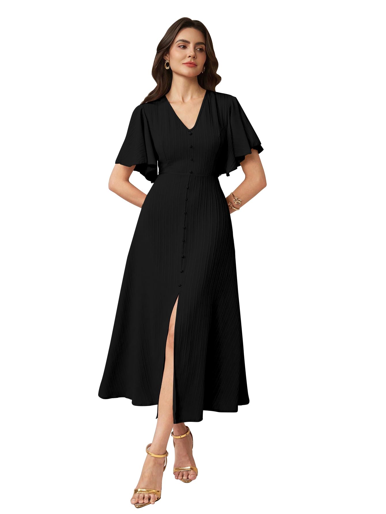 sugathari Women's & Girl's Pleated Midi Dress with Flutter Sleeves | V-Neck Western Dress for Women | Elegant A-Line Summer Outfit | Office & Casual Wear (Dress 244)-picture-20