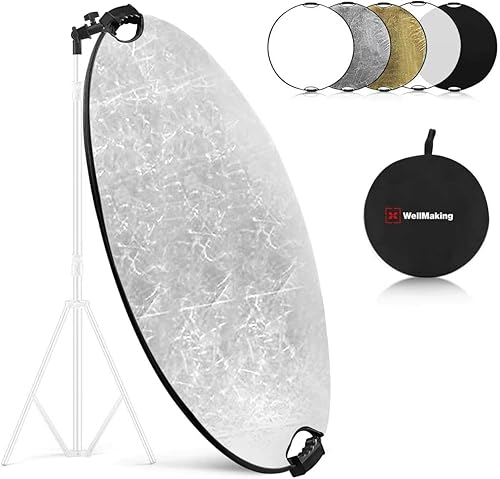WELLMAKING Reflector de 32 Pulgadas (80cm) para Fotografía, Reflector de Luz Plegable con Bolsa y Adaptador de Inclinación, Reflector de Manija 5 en