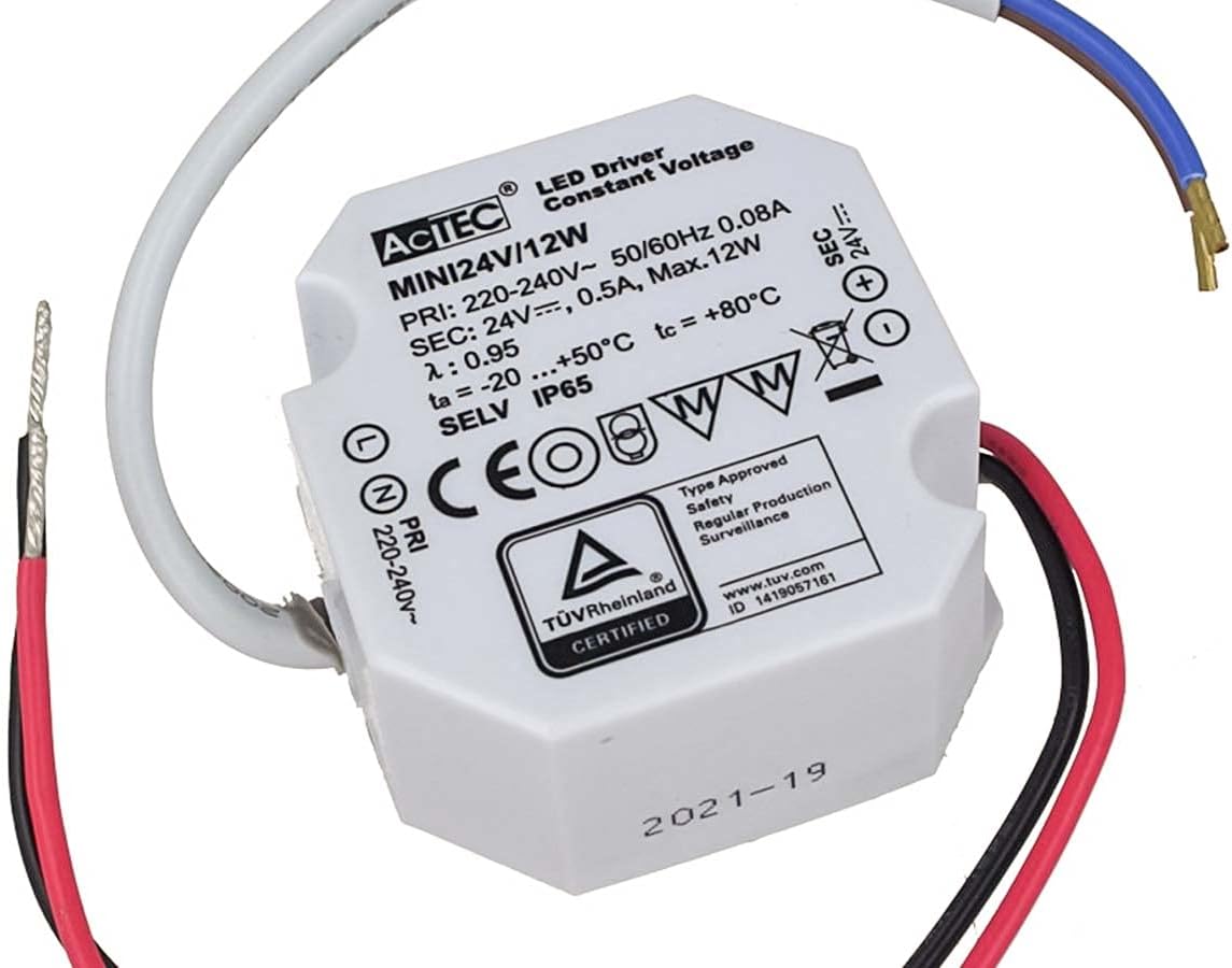 LEDLUX Mini Power Supply 24V, Small Transformer 24V, Waterproof IP67, 24V 12W 0.5A, For Led Strip, Slim Only 49X47X24mm, White