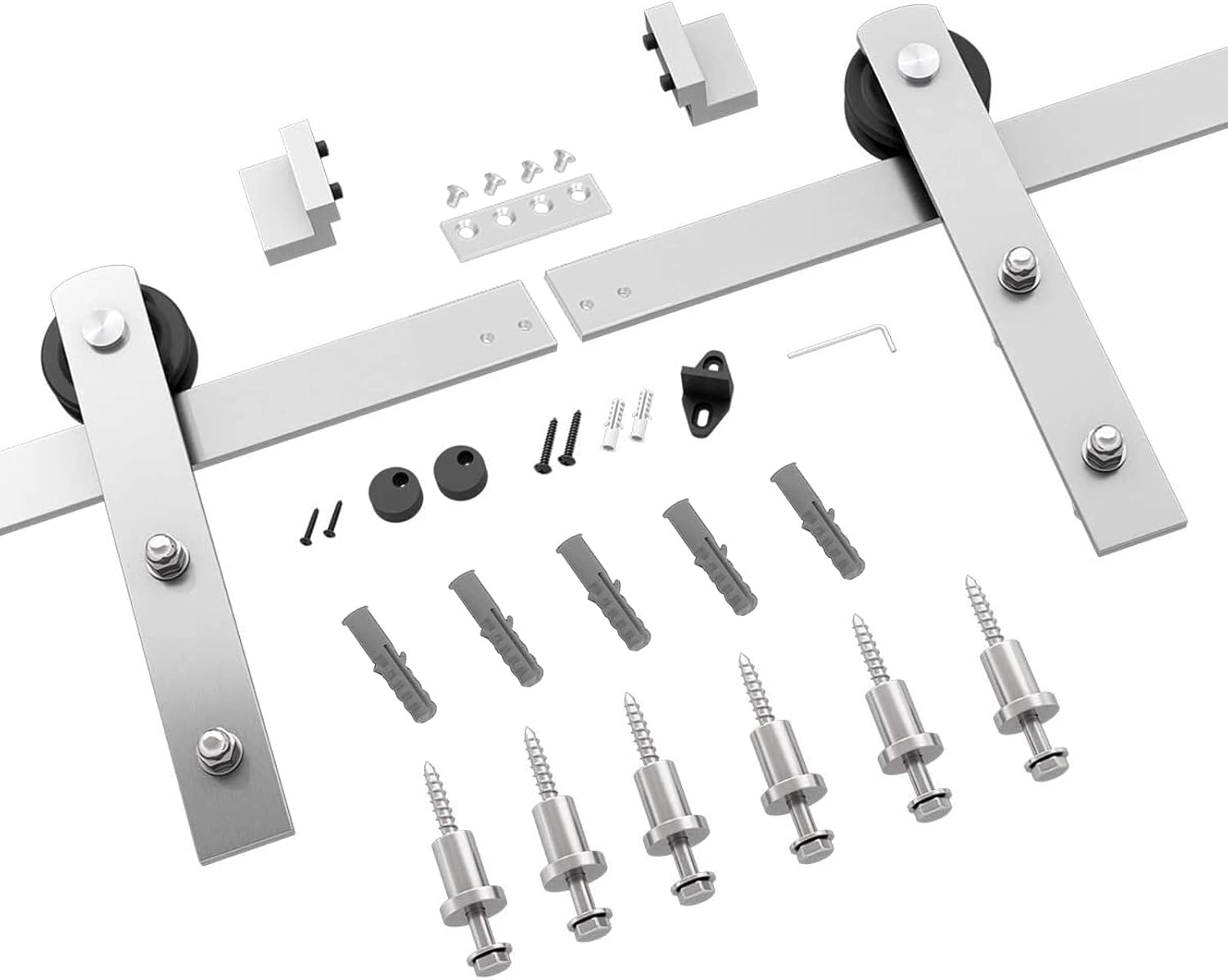 I-shape hangers attached to the top of a barn door panel