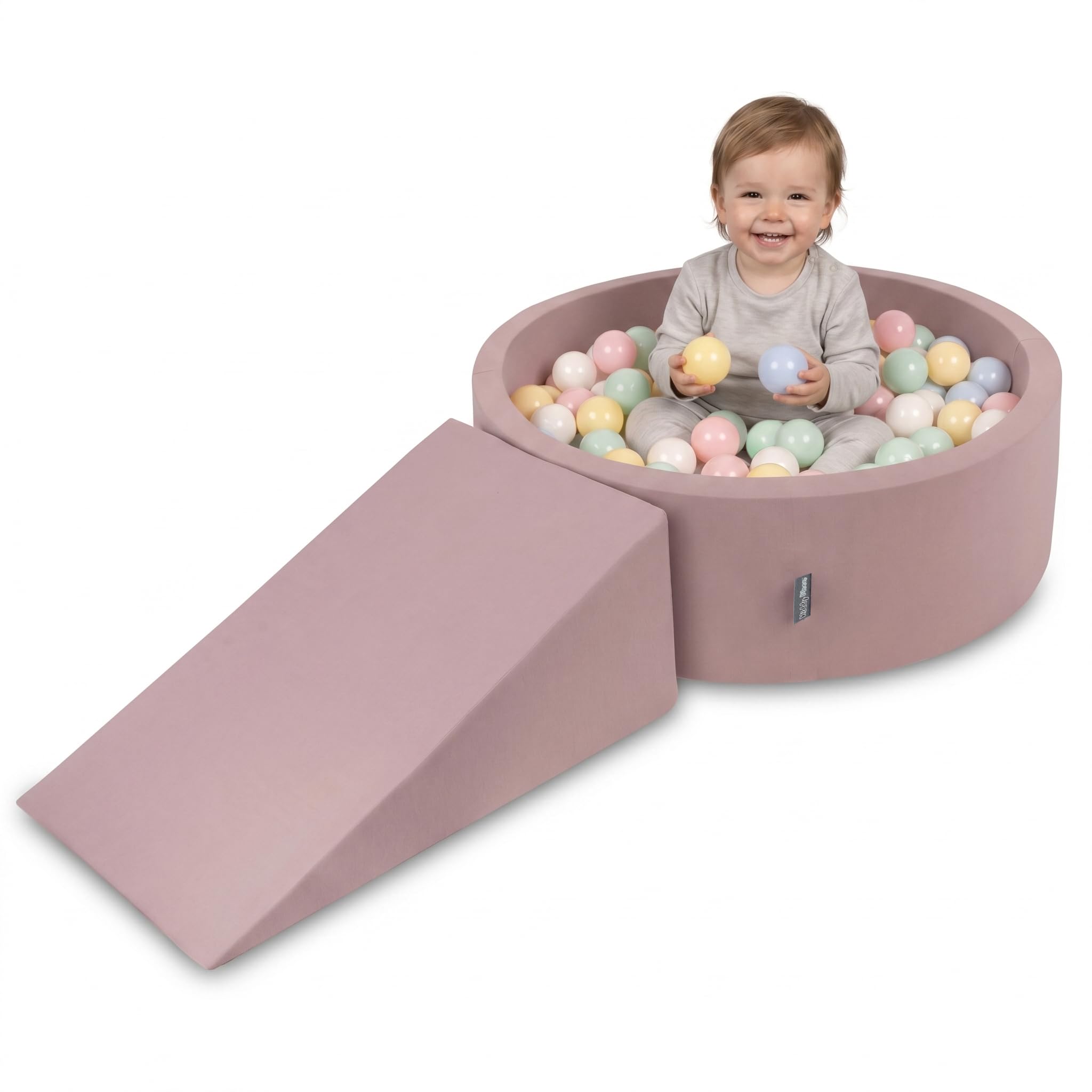 KiddyMoon Soft play set with ballpit 90x30cm and ramp 100 balls 7cm foam playground for babies and toddlers - Heather: Pastel blue Pastel yellow White Mint Powder pink