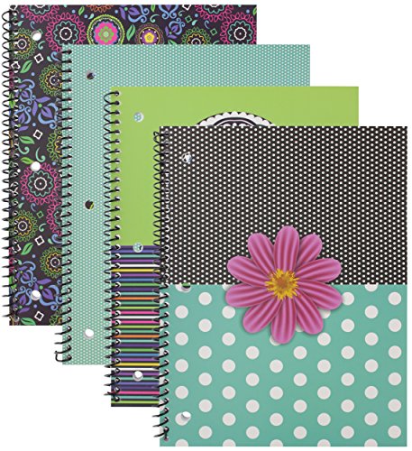 Emraw Saas & Class Notebook Spiral with 60 Sheets of Wide Ruled White Paper - Set Includes: Polka Dot Flower, Funky Floral, Flower Stripes & Chandelier Covers (4 Pack)
