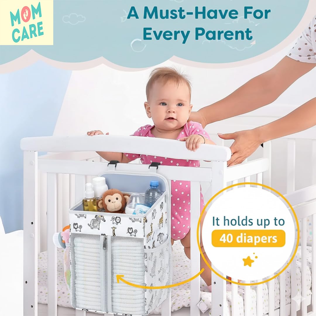MOM CARE Hanging Diaper Caddy Organizer Crib Storage Bag Nursery Essentials Holder Nappy Stacker For Changing Table Playard Wall Mount Large Capacity Mesh Pockets Safari Print 4