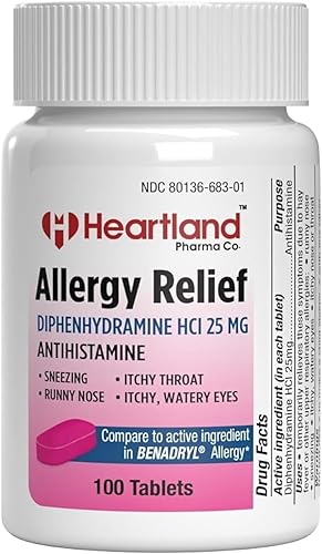 Heartland Pharma Alivio de la alergia Difenhidramina HCI 25mg Antihistamínico, Tabletas (100 unidades)
