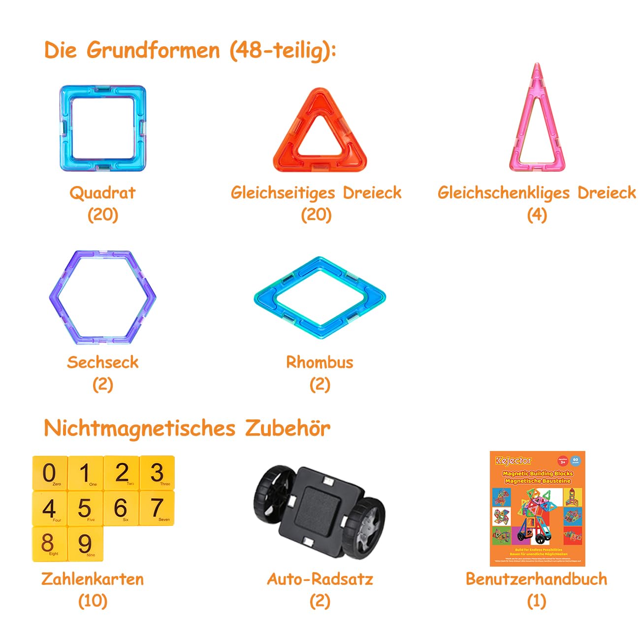 Kejector Costruzioni Magnetiche per Bambini 60 PCS 3D Educativo Blocchi Set Giocattoli STEMS Creatività Montessori per 3+ di Anni per Bambini Educativo Costruzioni Giochi Magnetici Bimbo Regalo