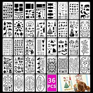 ARPDJK Journal Stencils for Kids, 36Pcs Reusable Drawing Template and 2Pcs Buckles Ring with Letter, Number, Animals, Flowers etc Shapes, for Scrapbook, DIY Crafts, 3x5.3 inch Stencil Accessories