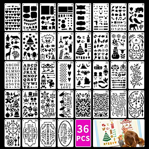 ARPDJK Journal Pochoirs pour Enfants, 36 Pièces Réutilisable Pochoirs et 2 Pièces Bague Boucles avec Formes de Lettre, Nombre, Animaux, Fleurs pour Scrapbook, 3 x 5,3 Pouces Pochoir Accessoires